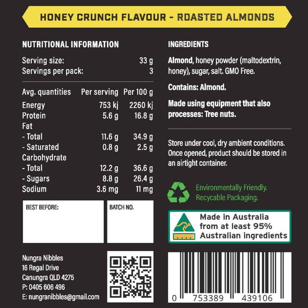 Nutritional information and ingredients label for honey crunch roasted almonds on a black background.