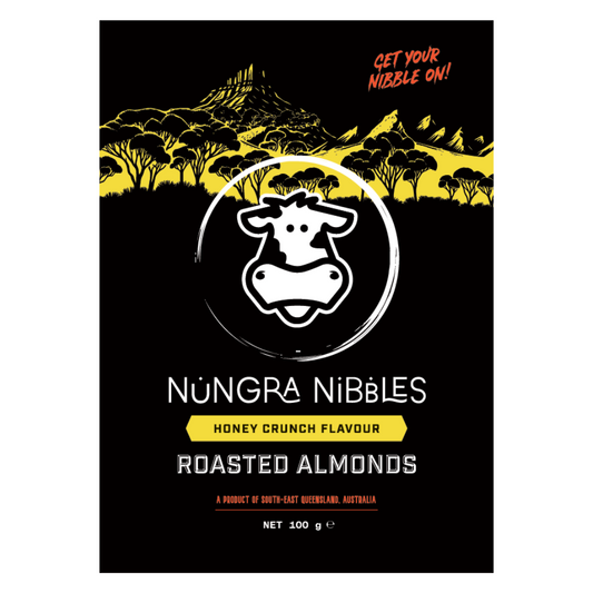 Nungra Nibbles honey crunch flavour roasted almonds packaging with a cow logo on a black background.