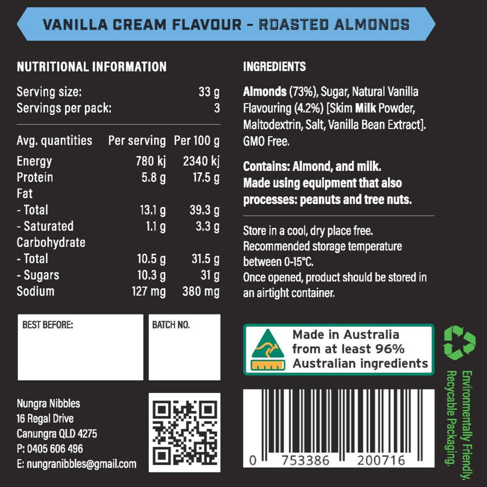 Nutritional information and ingredients label for a product with vanilla cream flavor and roasted almonds.