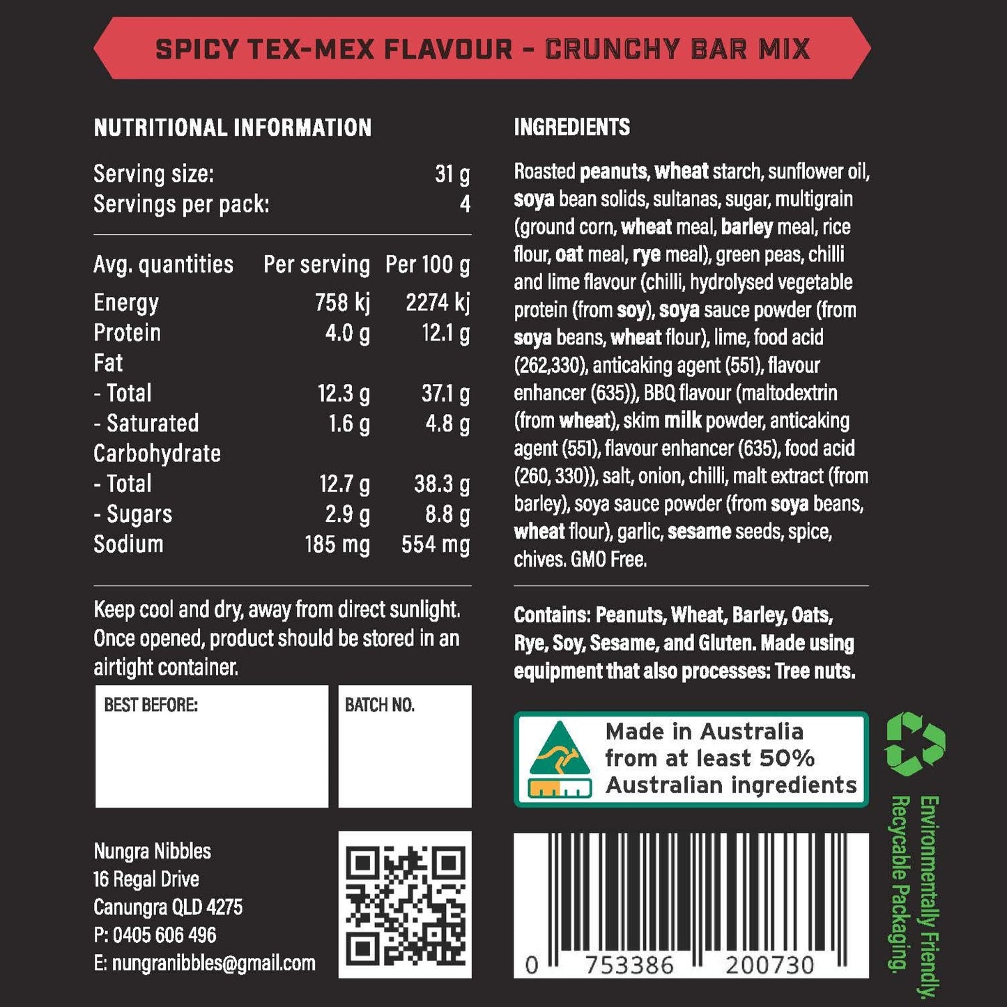 Nutritional information and ingredient list for a Spicy Tex-Mex Crunchy Bar Mix on a black background.