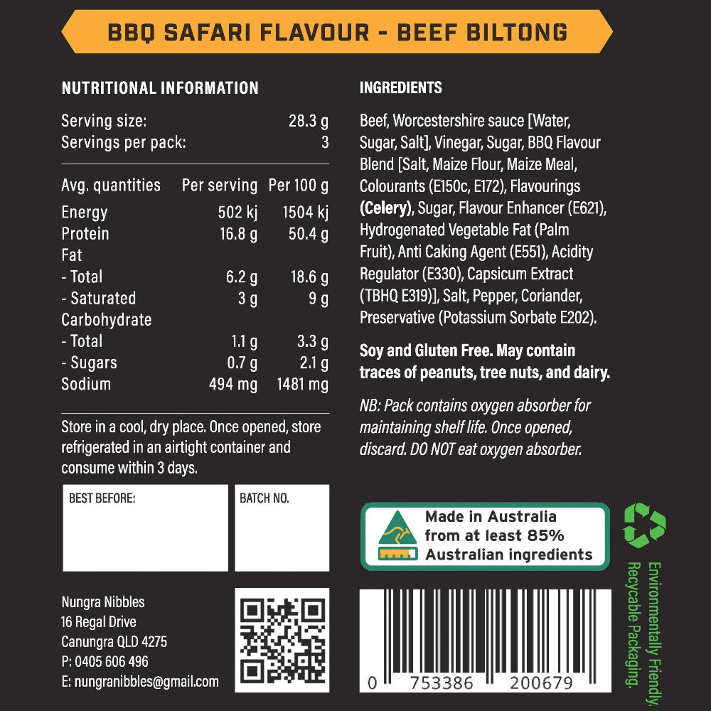 Nutritional information and ingredients label for BBQ Safari Flavour Beef Biltong on a black background.
