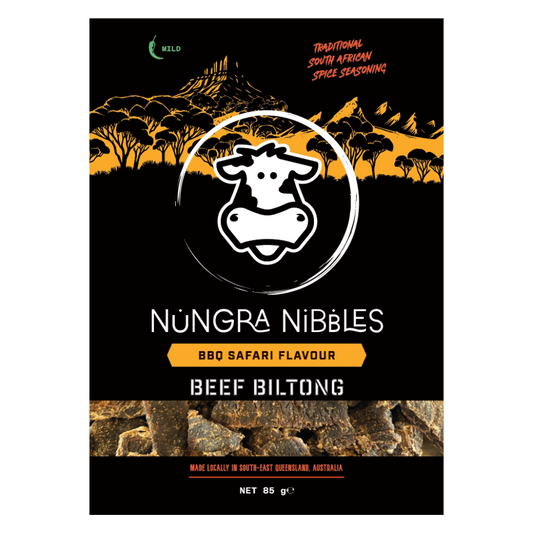 Nungra Nibbles BBQ Safari Flavour Beef Biltong packaging with a black background and cow logo.