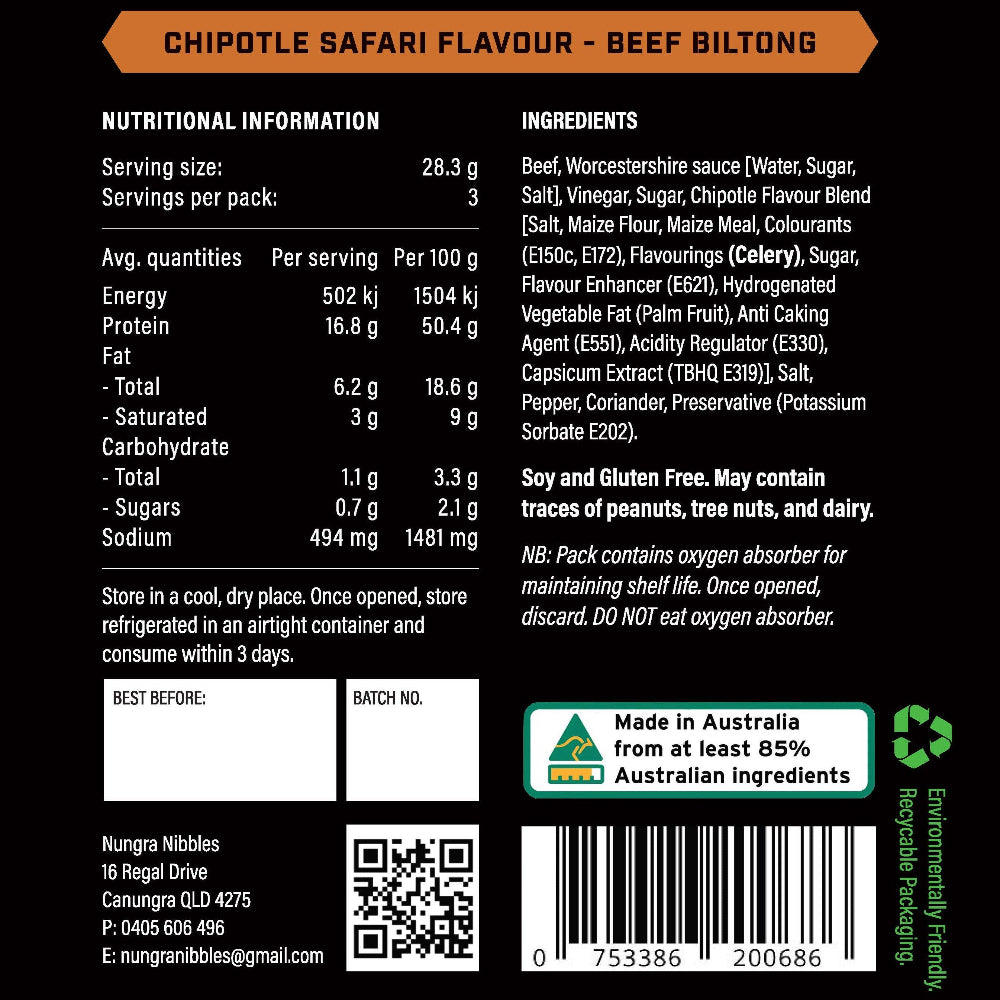 Nutritional information and ingredients label for Chipotle Safari Flavour Beef Biltong on a black background.