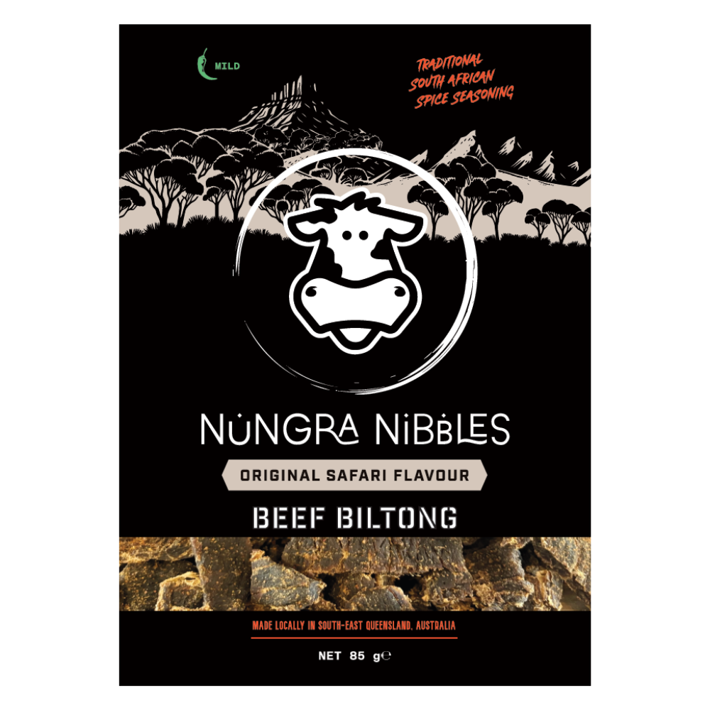Nungra Nibbles Beef Biltong packaging with a black background and landscape design.