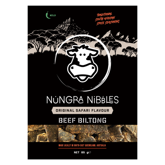 Nungra Nibbles Beef Biltong packaging with a black background and landscape design.