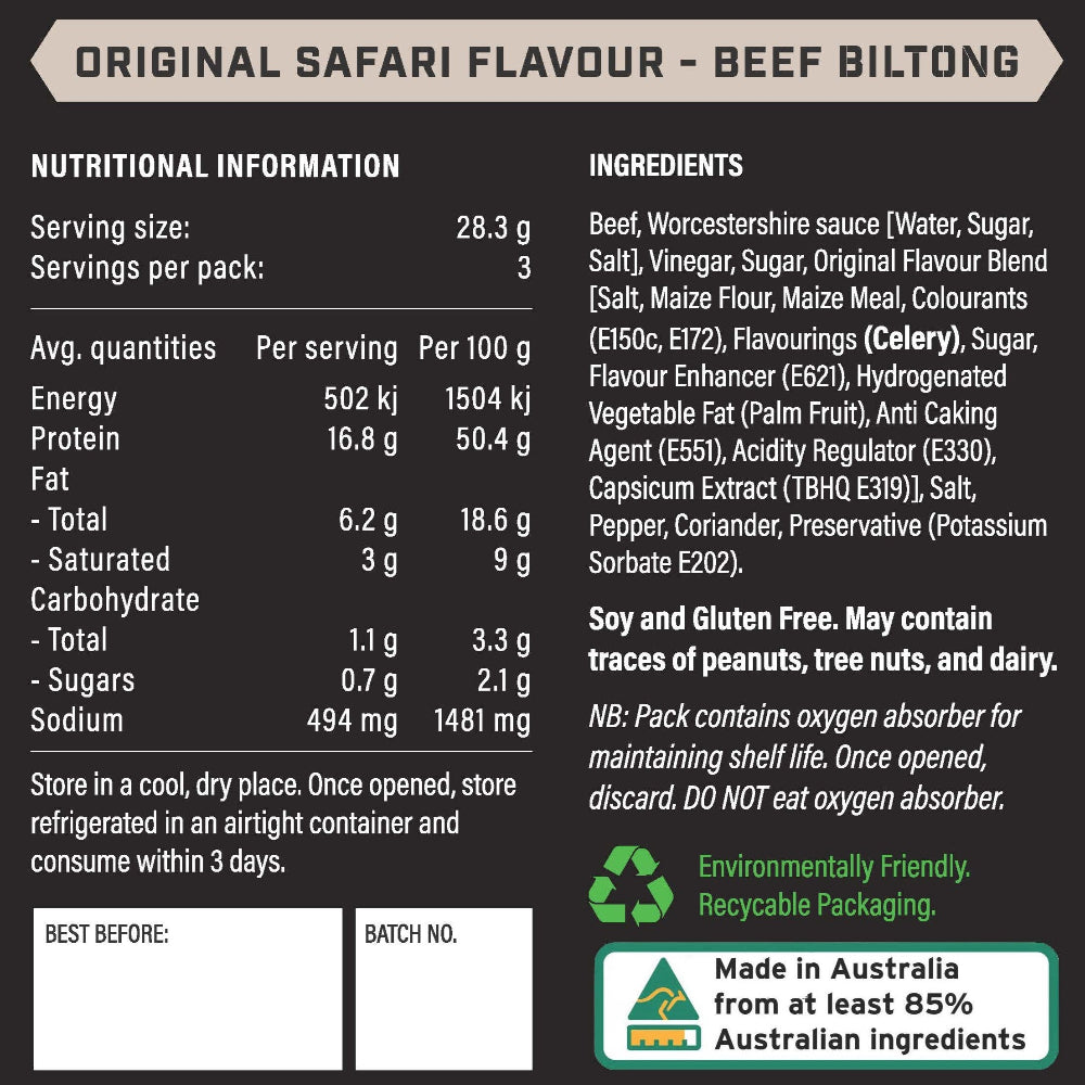 Nutritional information and ingredients label for Original Safari Flavour Beef Biltong.