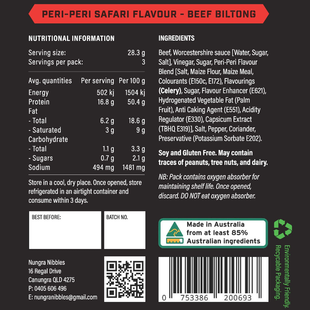 Peri-Peri Safari Flavour Beef Biltong label with nutritional information, ingredients, and branding details.