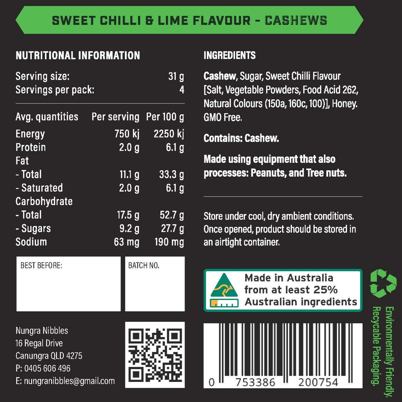 Nutritional information and ingredient list for sweet chilli and lime cashews on a black background.