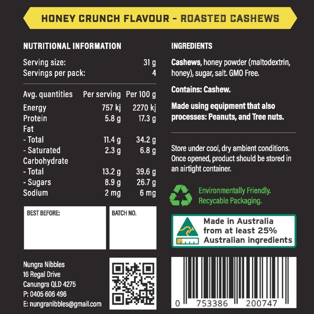 Nutritional information and ingredients label for honey crunch roasted cashews on a black background.