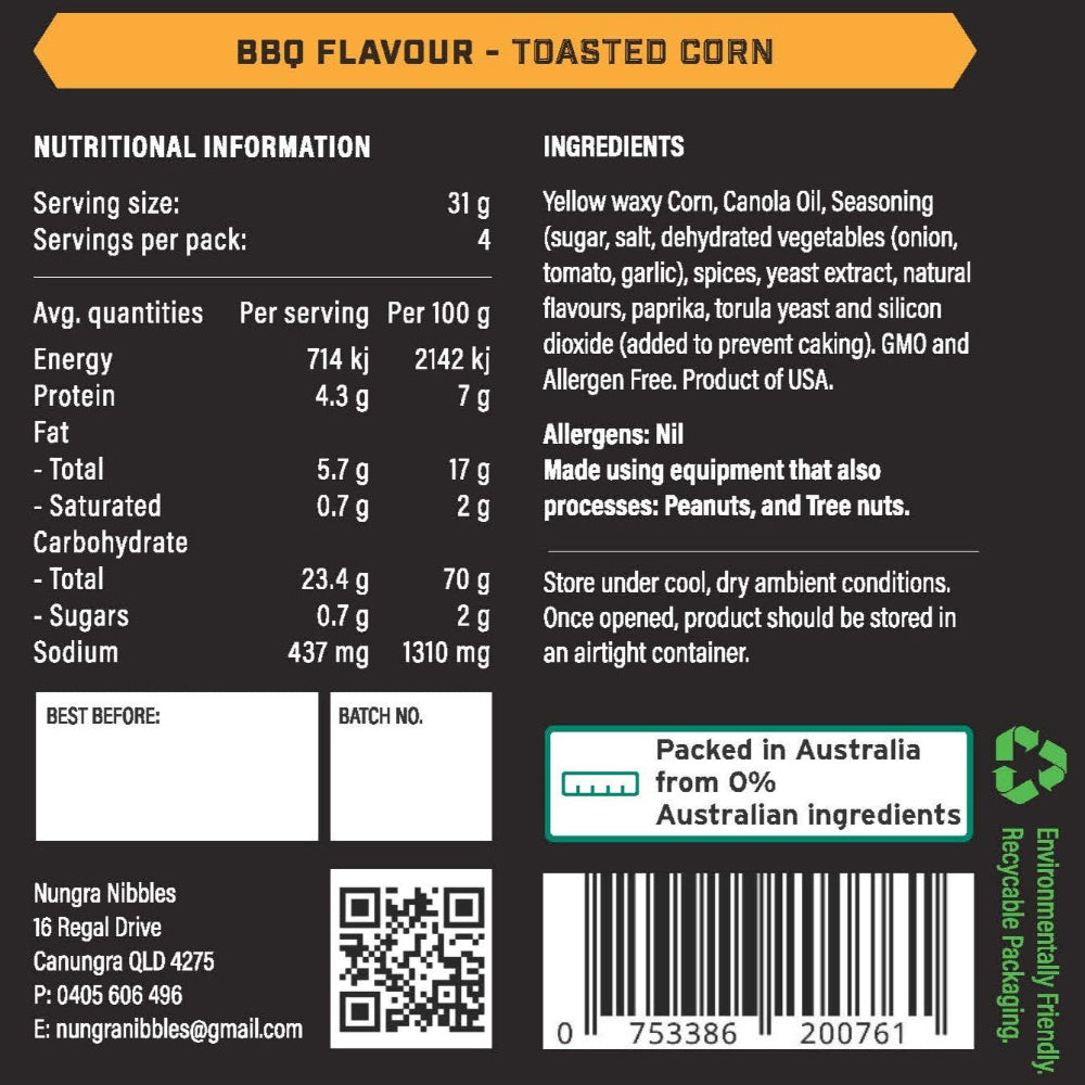 Nutritional information and ingredients label for a product with BBQ flavor and toasted corn.