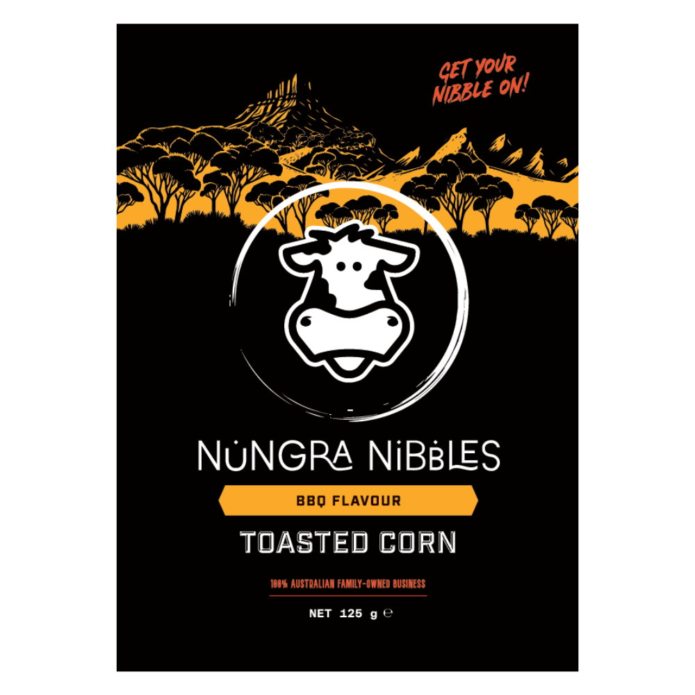 Nungra Nibbles BBQ Flavour Toasted Corn packaging with a black background and mountain landscape.