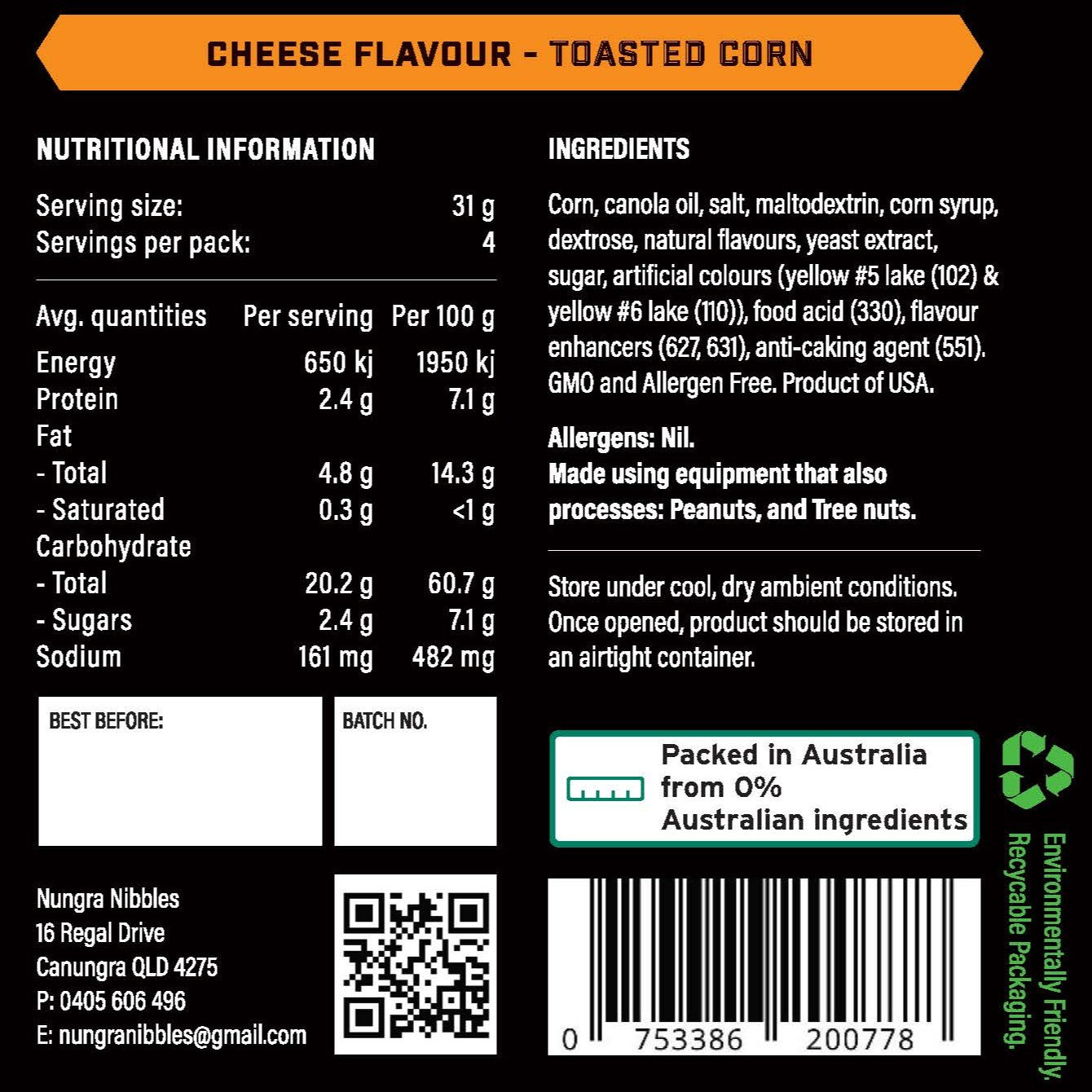 Nutritional label and ingredients list for a product with cheese flavor and toasted corn, on a black background.