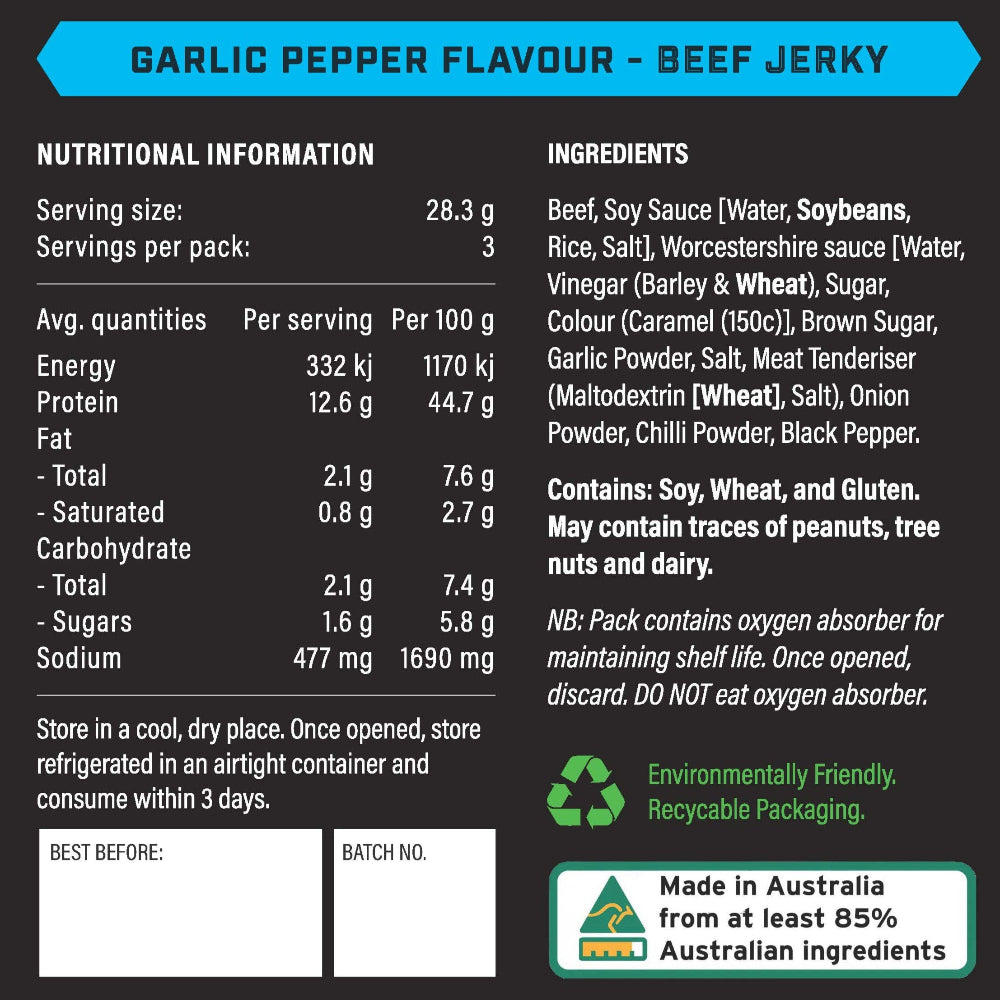 Garlic pepper beef jerky label with nutritional information and ingredients list.