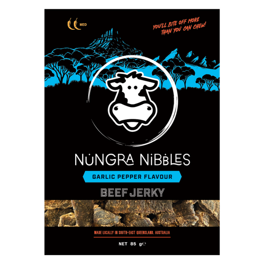 Nungra Nibbles Beef Jerky packaging with a cow logo on a black background
