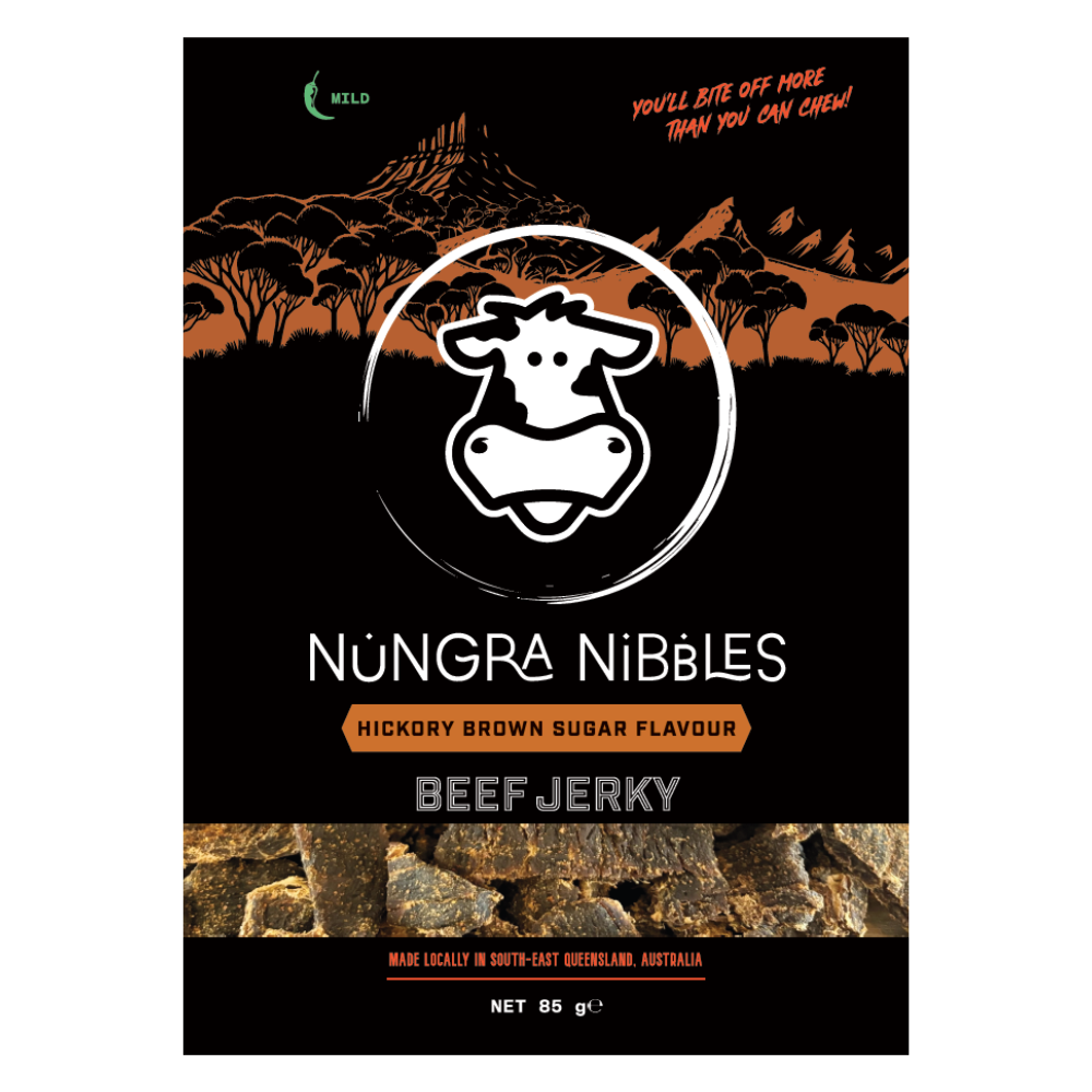 Nungra Nibbles Beef Jerky packaging with a cow logo and desert landscape.