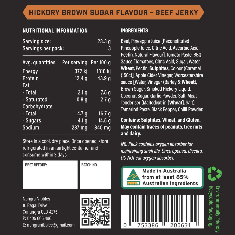 Hickory Brown Sugar Flavour Beef Jerky label with nutritional information, ingredients, and branding details.