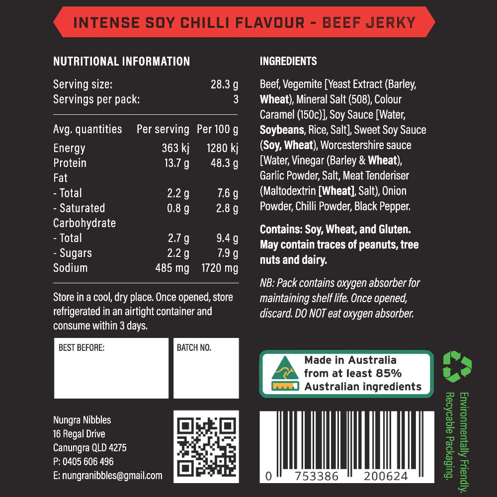 Back label of Intense Soy Chilli Flavour Beef Jerky with nutritional information, ingredients, and branding details.