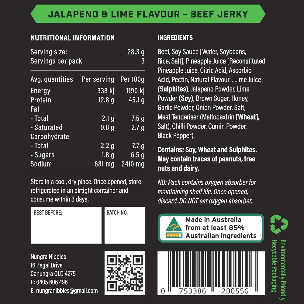 Jalapeno & Lime Flavour Beef Jerky label with nutritional information, ingredients, and branding details.