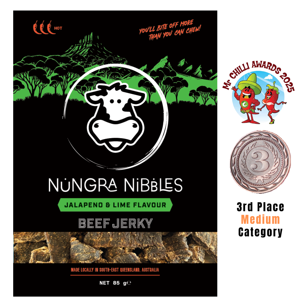 Nungra Nibbles Beef Jerky packaging with branding and awards on a black background