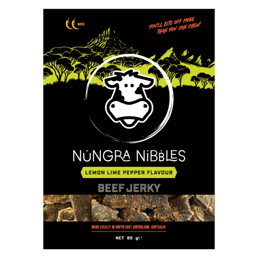 Nungra Nibbles Beef Jerky packaging with a cow logo and mountain background.