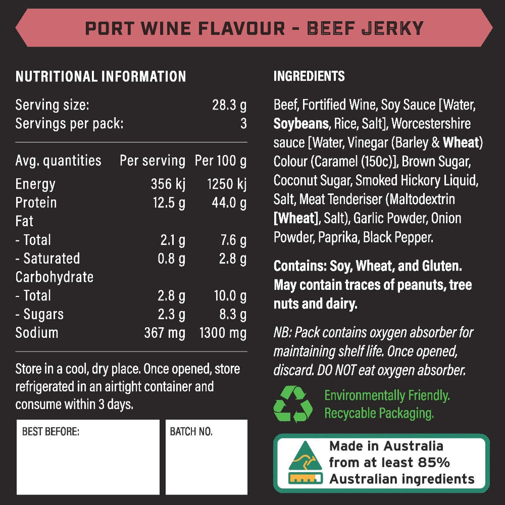 Nutritional information and ingredients list for Port Wine Flavour Beef Jerky on a black background.