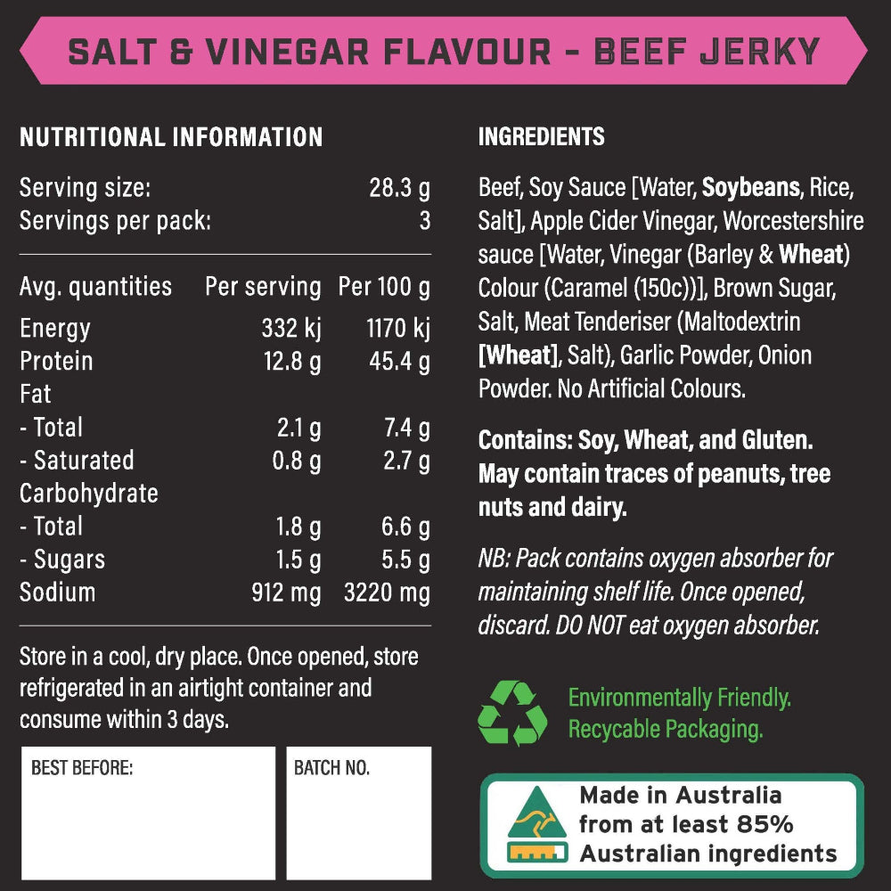 Nutritional information and ingredients label for salt and vinegar beef jerky.