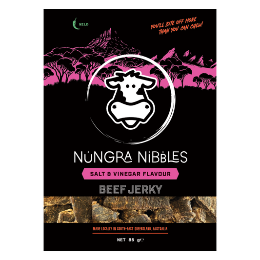 Nungra Nibbles Beef Jerky packaging with a cow logo on a black background