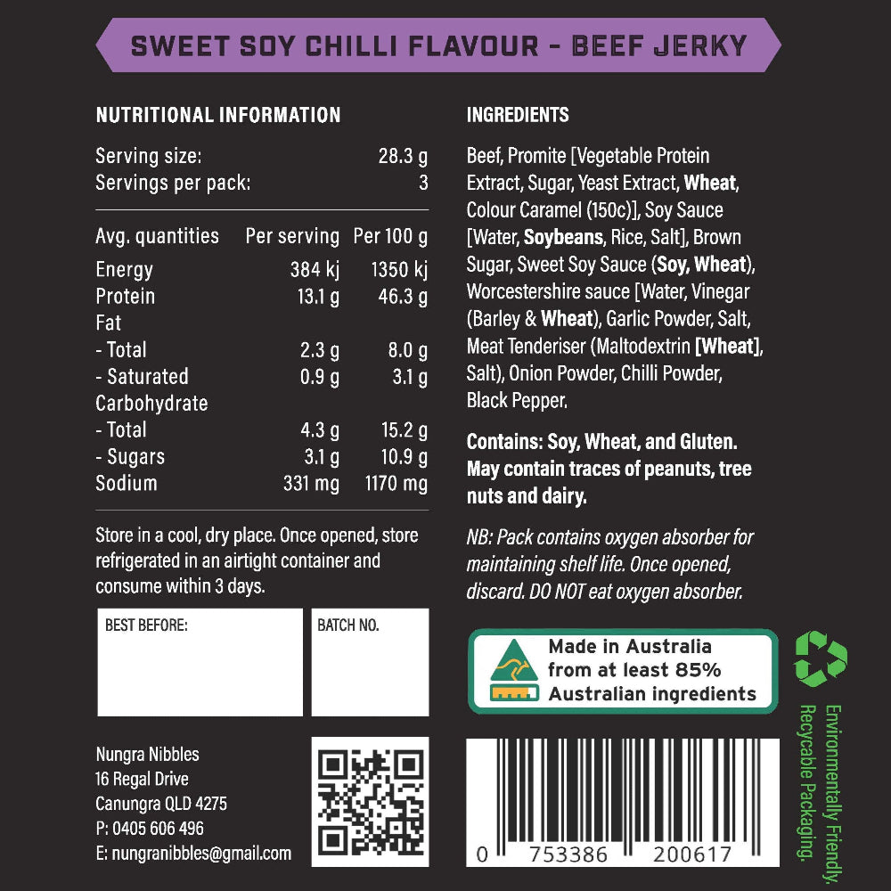 Back label of sweet soy chilli beef jerky with nutritional information, ingredients, and branding details.