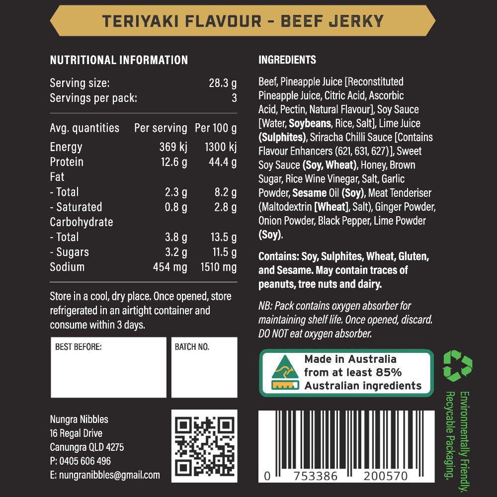 Teriyaki beef jerky label with nutritional information, ingredients, and branding details.