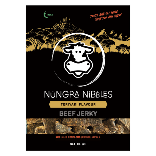 Nungra Nibbles Beef Jerky packaging with a cow logo and teriyaki flavor text on a black background.