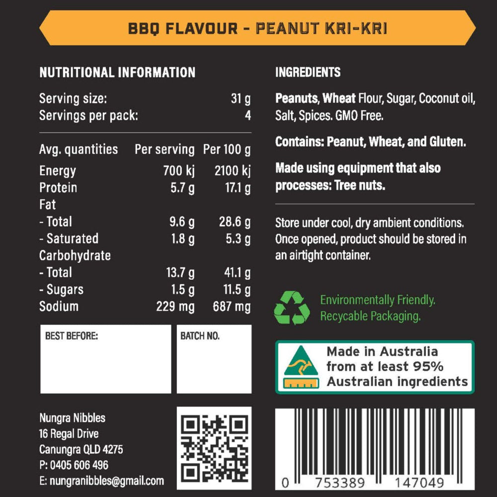Nutritional information and ingredient list for a product labeled 'BBQ Flavour - Peanut Kri-Kri' on a black background.