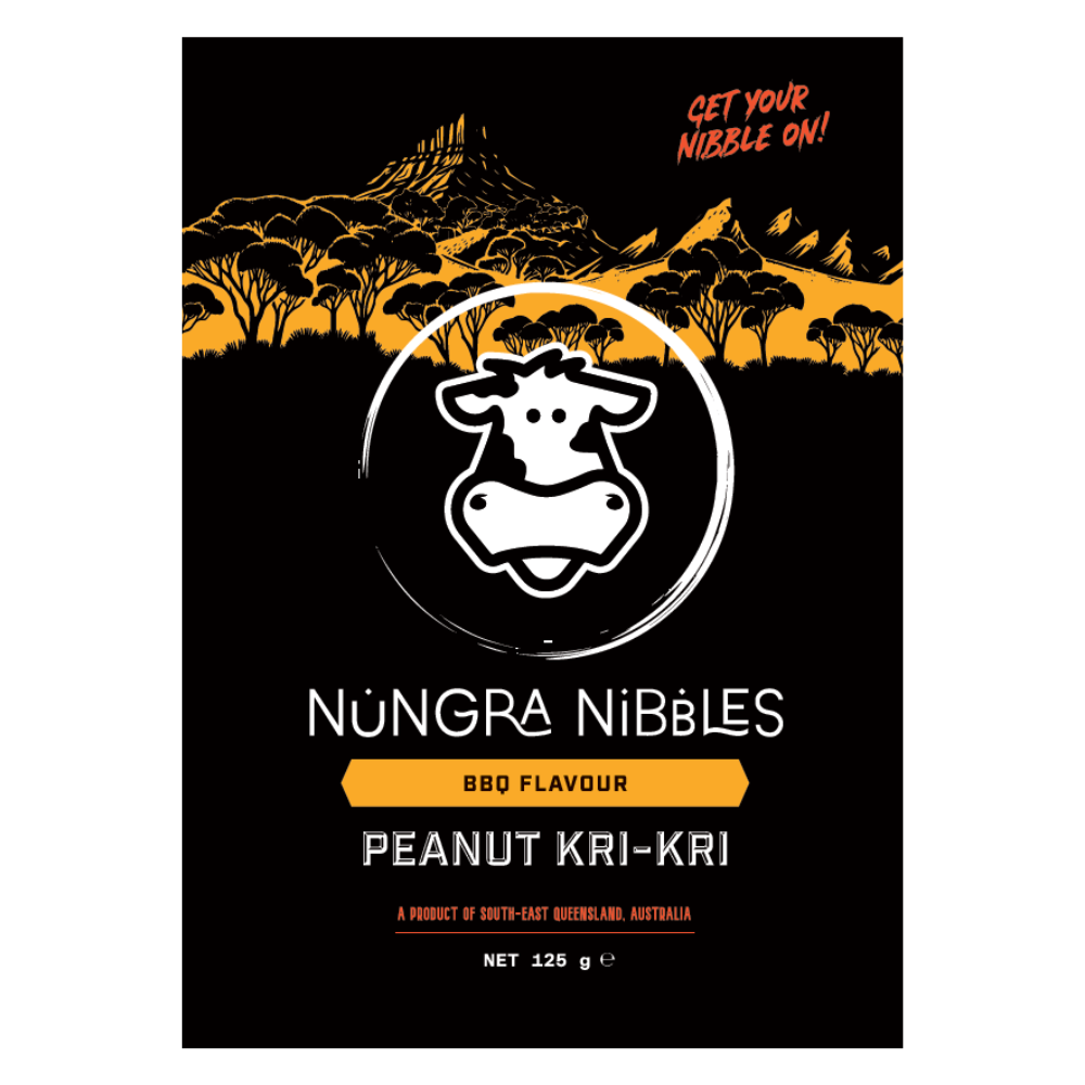Nungra Nibbles BBQ Flavour Peanut Kri-Kri packaging with a cow logo on a black background.