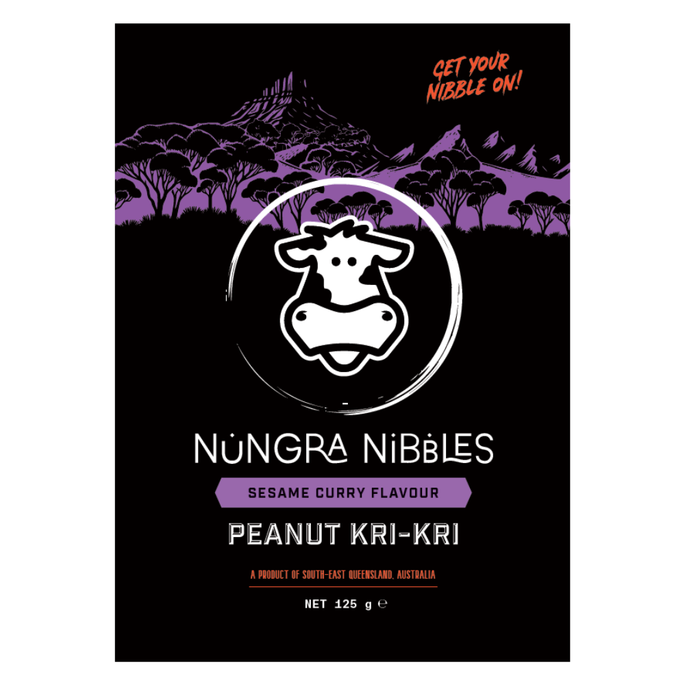 Nungra Nibbles Peanut Kri-Kri packaging with a purple landscape design.