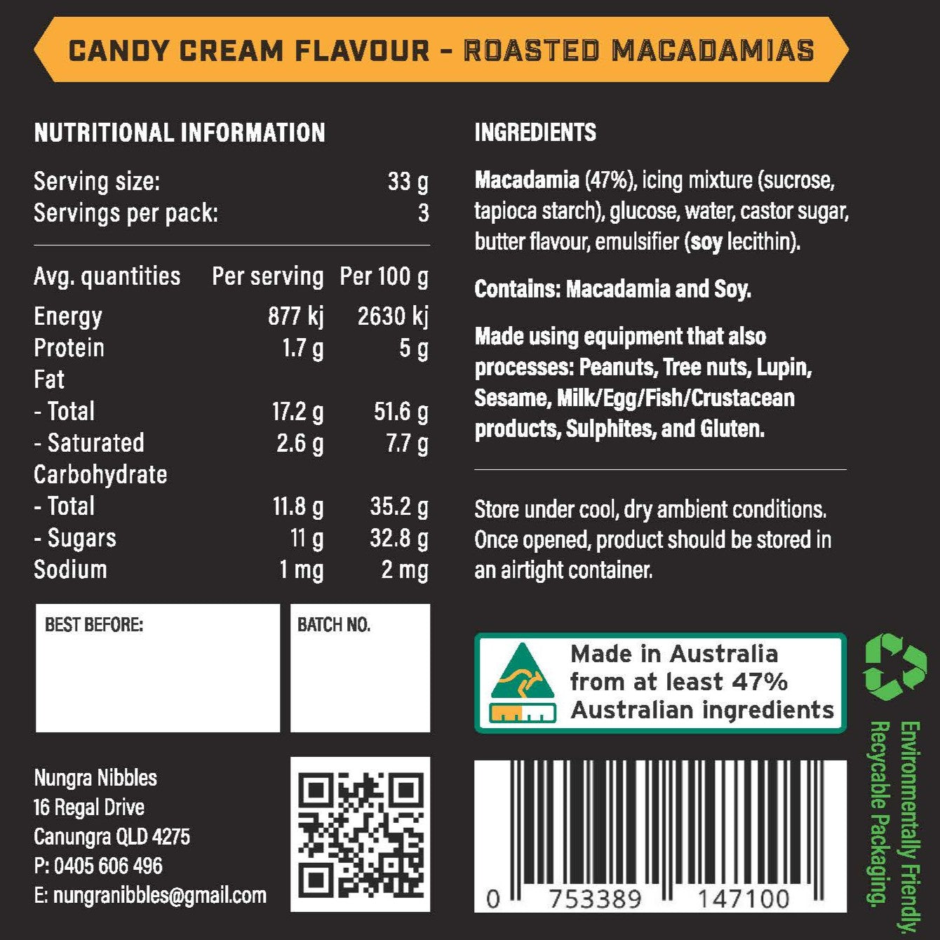 Nutritional label and ingredients list for candy cream roasted macadamias on a black background.