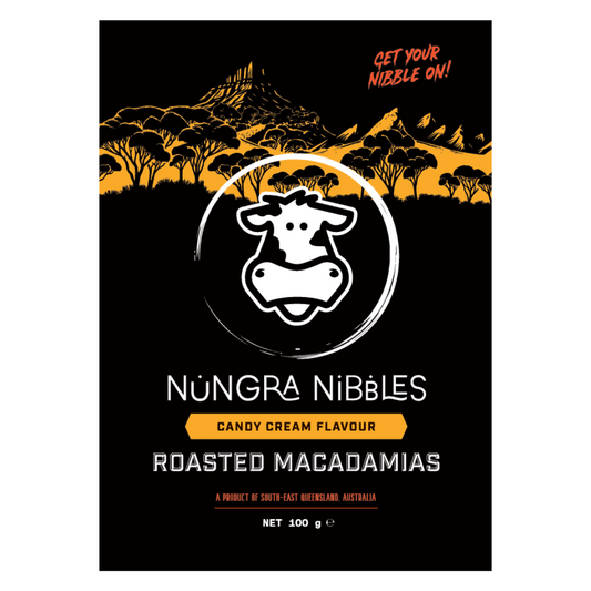 Nungra Nibbles roasted macadamias packaging with a cow logo and mountain background.