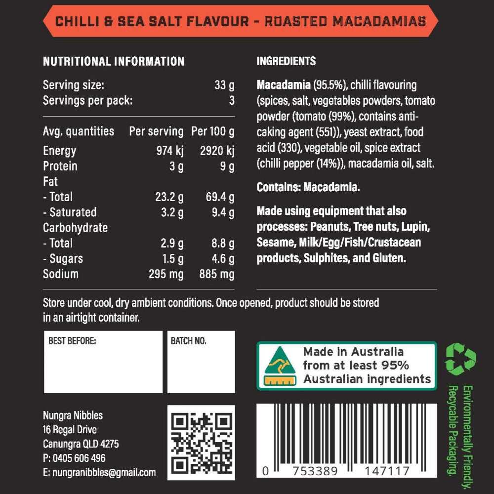 Back of a packaging label for Chilli & Sea Salt Flavour Roasted Macadamias with nutritional information and product details.
