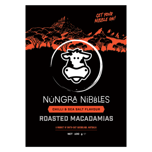 Nungra Nibbles roasted macadamias packaging with a black background and red accents.
