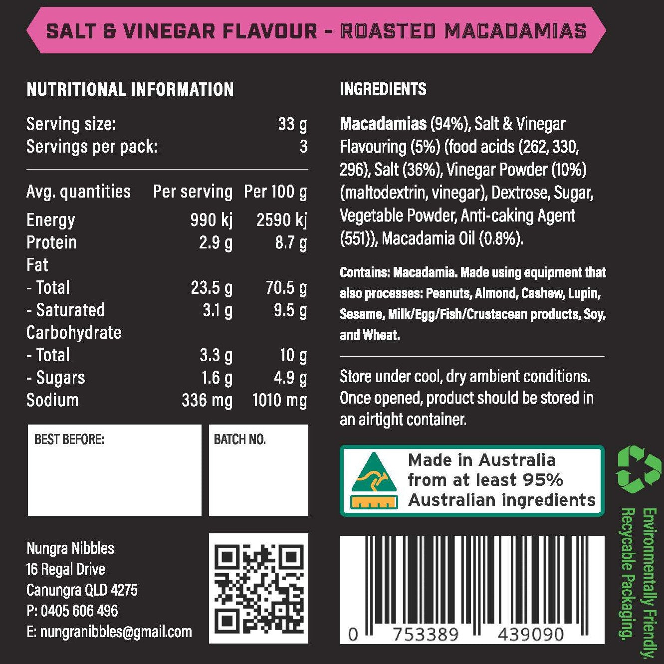 Nutritional information and ingredients label for salt and vinegar roasted macadamias.