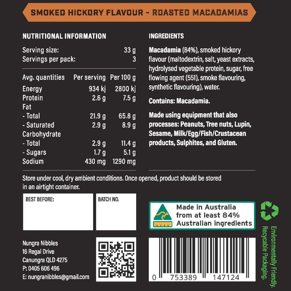 Nutritional information and ingredients label for smoked hickory roasted macadamias on a black background.