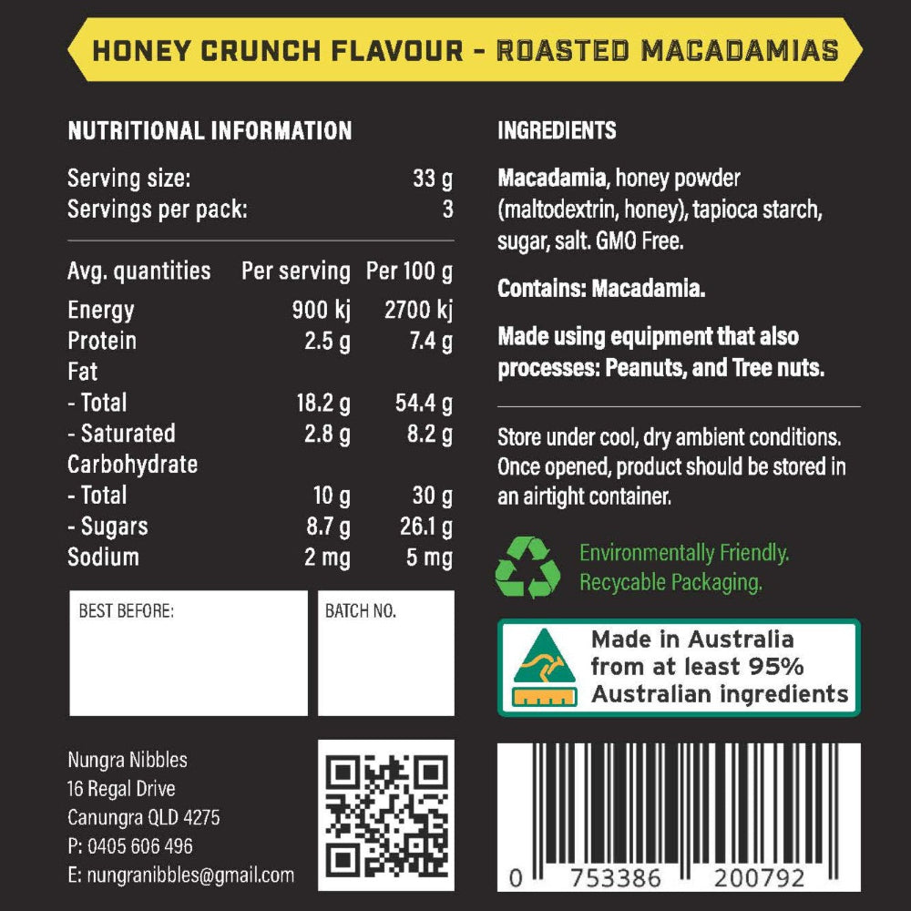 Nutritional information and ingredient list for honey crunch roasted macadamias on a black background