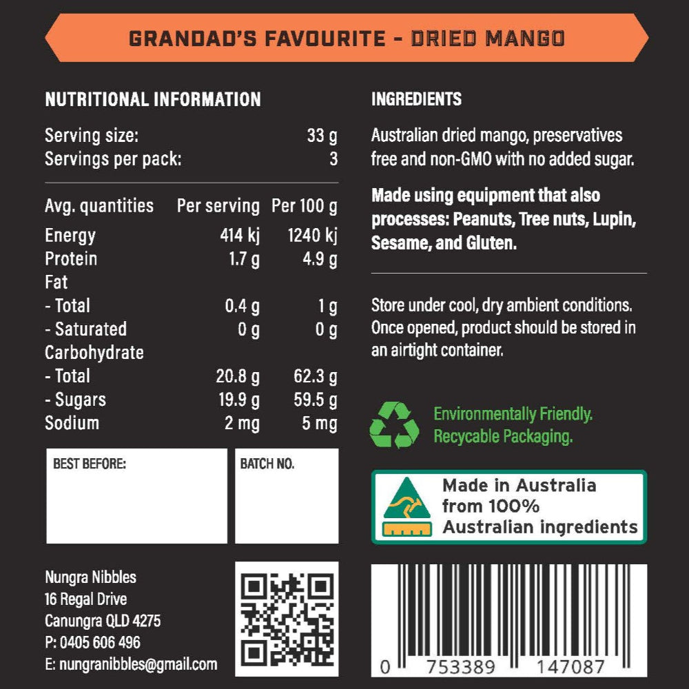 Nutritional information and product details label for dried mangoes.