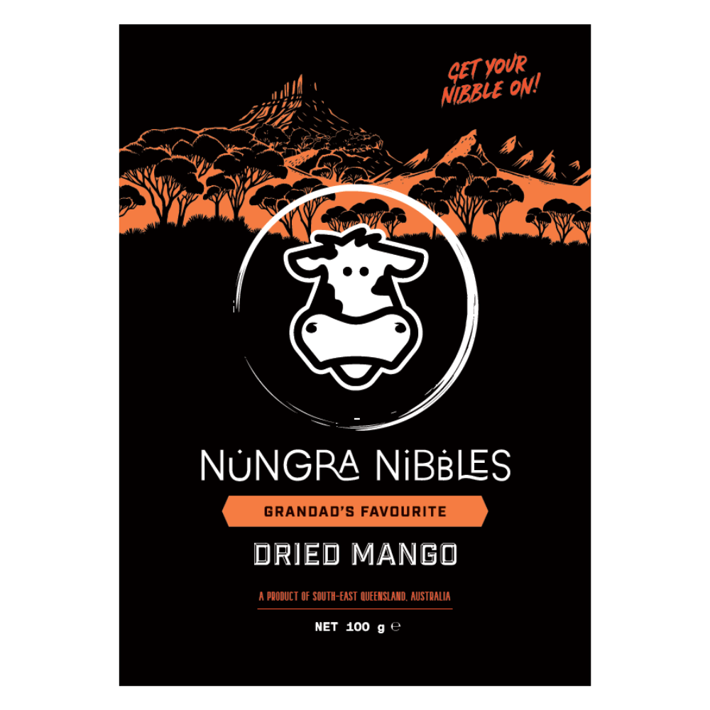 Nungra Nibbles dried mango packaging with a black background and orange accents.