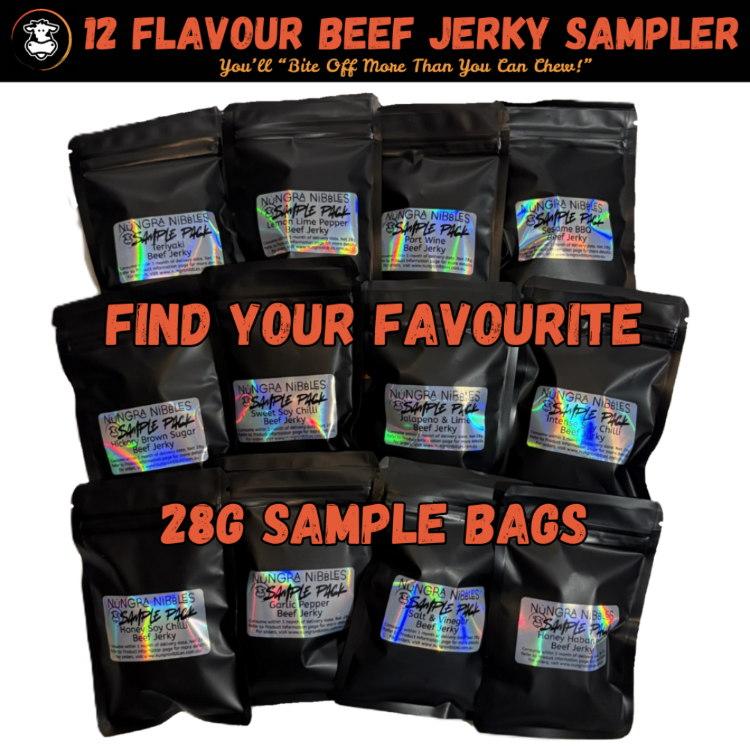 12 flavour beef jerky sampler with black packaging and colorful labels on a white background.