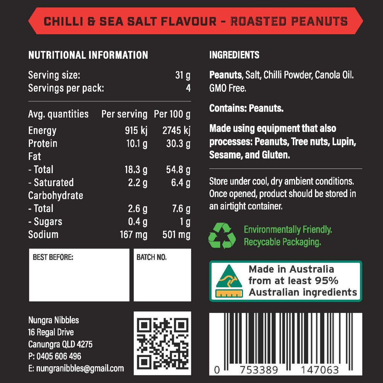 Back label of a pack of roasted peanuts with nutritional information, ingredients, and recycling details.