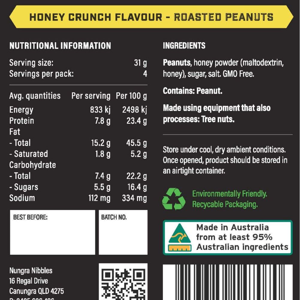 Nutritional information and ingredients label for honey crunch roasted peanuts on a black background.
