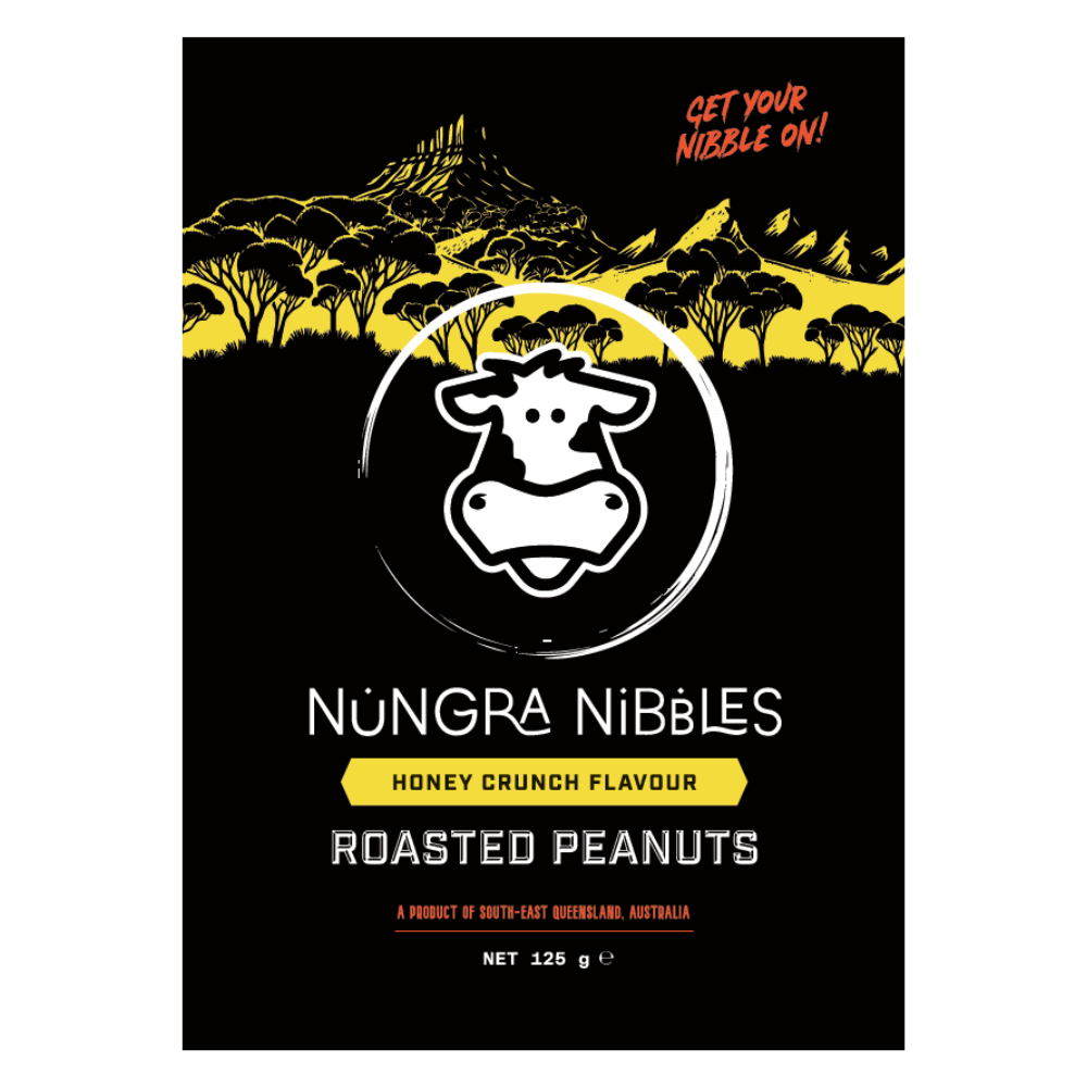 Nungra Nibbles roasted peanuts packaging with a cow logo on a black background.