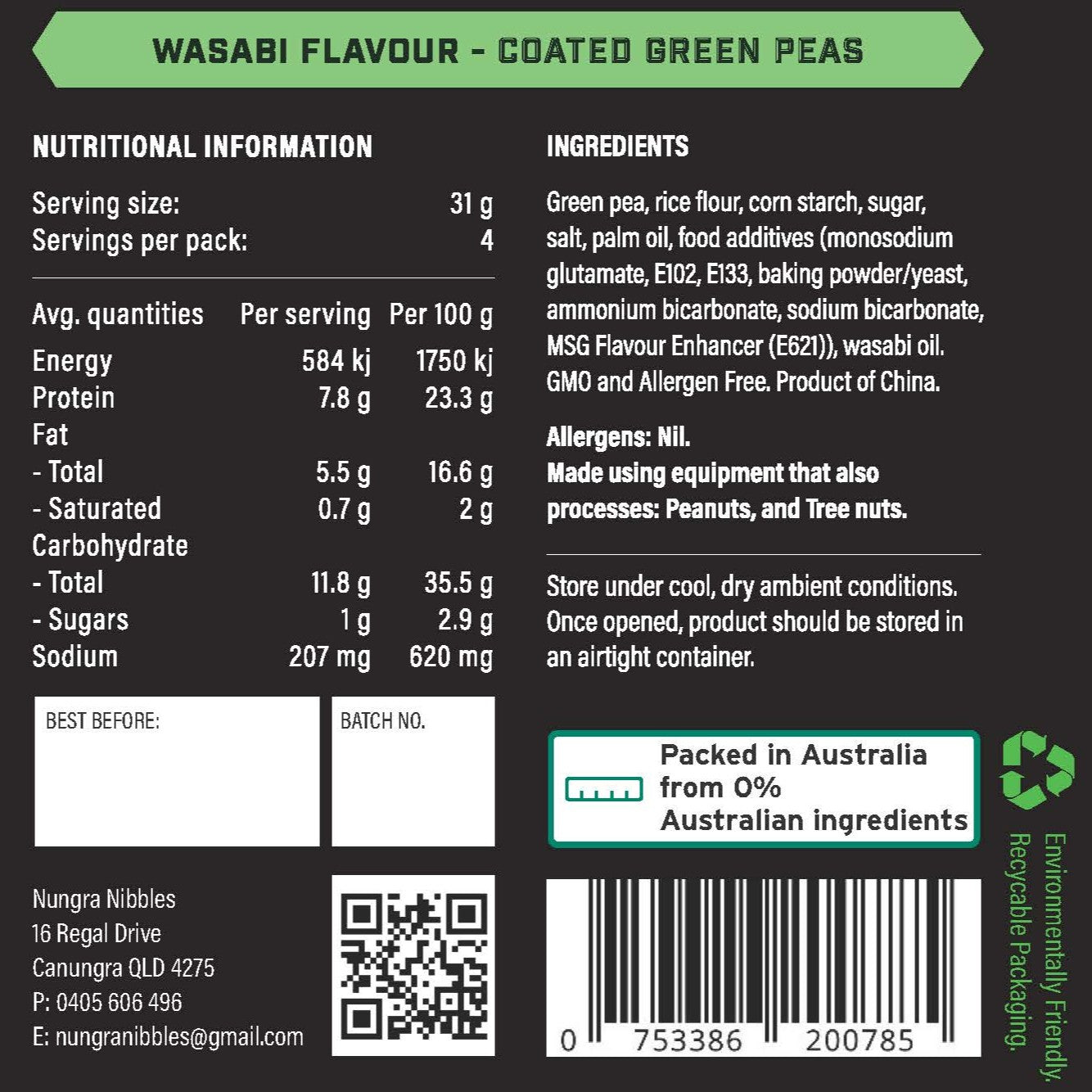 Nutritional information and ingredient list for wasabi-flavored coated green peas on a black background.