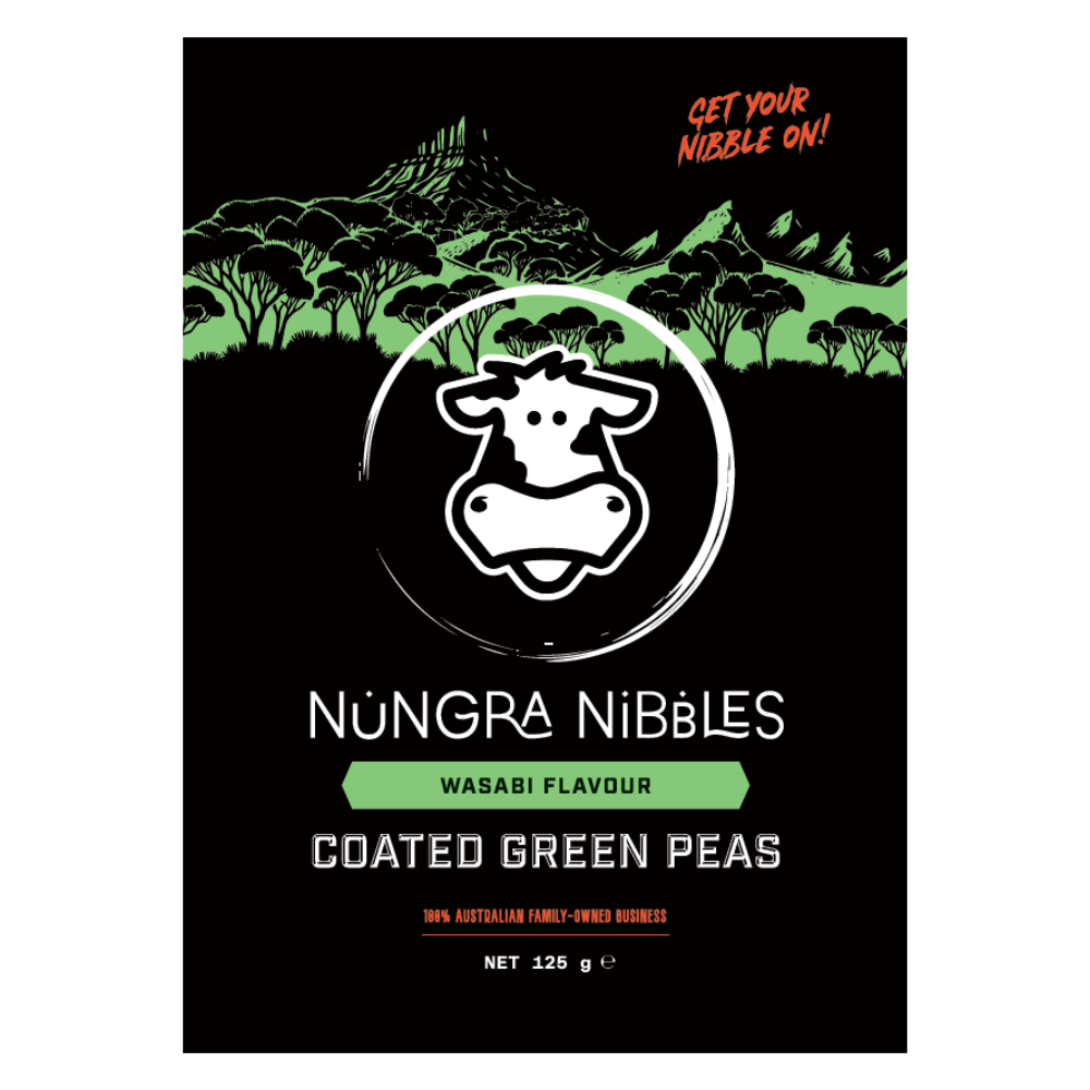 Nungra Nibbles Wasabi Flavour Coated Green Peas packaging with a cow logo on a black background.