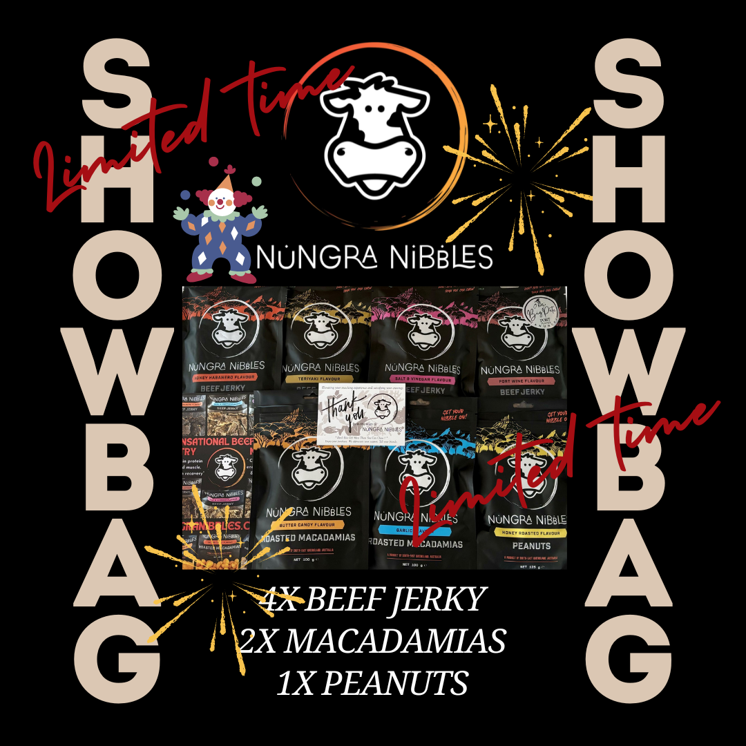 A promotional image for Nungra Nibbles Showbag featuring a assortment of beef jerky, macadamias, and peanuts with text detailing the contents such as 4x Beef Jerky, 2x Macadamias, 1x Peanuts along with limited time offers and a cartoon character.