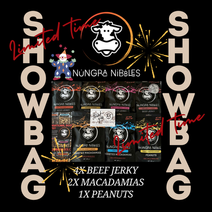 A promotional image for Nungra Nibbles Showbag featuring a assortment of beef jerky, macadamias, and peanuts with text detailing the contents such as 4x Beef Jerky, 2x Macadamias, 1x Peanuts along with limited time offers and a cartoon character.